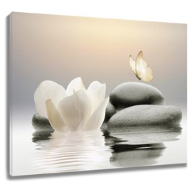 EOBTAIN Zen Water Lily Canvas Wall Art White Floral and Yellow Butterfly on Stone Bedroom Wall Decor Modern Spiritual Yoga Spa Painting Picture Artwork Bathroom Decor 20x16 Inches