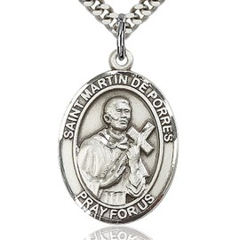 Heartland Store Men's Sterling Silver Saint Martin De Porres Oval Medal + 24 Inch Rhodium Plated Chain & Clasp| USA Made