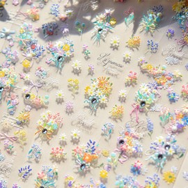 1 Sheets 5D Embossed Floral Nail Art Stickers Self Adhesive Colorful Flower Nail Stickers for Nail Art Pink Blue Bow Nail Decals with Pearl Design Cute Flowers Bows Nails Supplies for Women