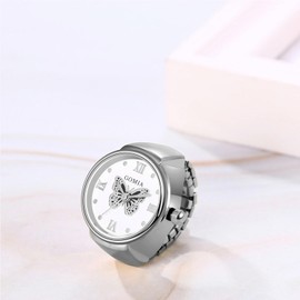 JewelryWe Ring Watch Finger Watch Elastic Butterfly – Women's Analogue Quartz Finger Ring Watch Ring Watch Ring with Butterfly Roman Numerals Dial and Silver/Gold Alloy Elastic Band, silver/black,