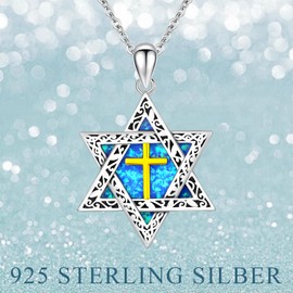 ABIGY Star of David Necklace 925 Sterling Silver Star of David Necklace with Cross Opal Pendant Chai Necklace Hexagram Star of David Necklace Jewish Amulet Jewellery Gifts for Men Women