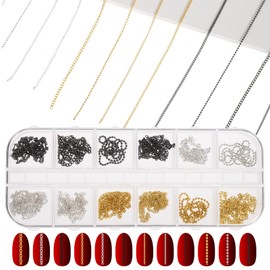 BOHUIZ 12 Strips Nail Chain Charms, Metal Nail Art Chain, Line Nails Charms 3D Nails Art Chains Supplies with Box Punk Studs Accessories for Manicure Decoration DIY