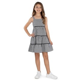 Speechless Girls' Gingham Tiered Sleeveless Dress with Smocked Back, Black/White, 16