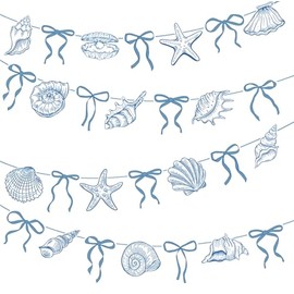 Blue Bow Starfish and Seashell Banners Under The Sea Paper Bow Hanging Banner for Summer Birthday Wedding Bachelorette Mermaid Baby Shower Suuplies