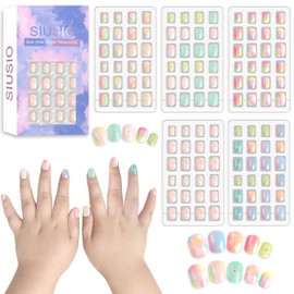 SIUSIO 120Pcs 5 Pack Press on Nails kids Children Acrylic Fake Nails Cute Pre-glue Full Cover Gradient Color Rainbow Short Stick On False Nail Art Kits Set for Kids Little Girls - Gradient Paradise