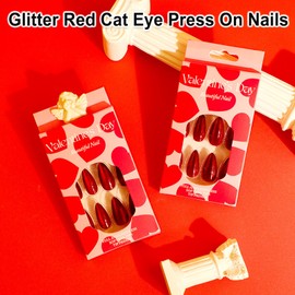 Red False Nails - Glitter Press On Nails - Glossy Dark Red Cat Eye Nails - Full Cover Almond Stick on Nails - Reusable Red Fake Nails with Glue - Cateye Almond False Nails for Women Girls 24PCS