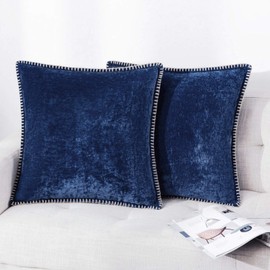 decorUhome Navy Blue Decorative Throw Pillow Covers 18x18 Inch Set of 2 Farmhouse Chenille Pillow Covers Velvet Trimmed Edge Pillow Cases for Couch Sofa
