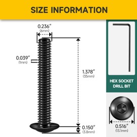 Mywish M6 x 35mm 25Pcs Flange Button Head Hex Socket Cap Screws Bolts, 304 Stainless Steel Furniture M6x1.0 Bolts Full Thread, Black Oxide & Hex Spanner