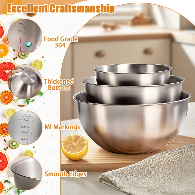 TINSKY 3 Pcs Stainless Steel Mixing Bowls Set Food Grade