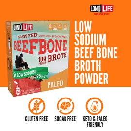 LonoLife Low Sodium Beef Bone Broth Powder Mix | Grass-Fed, 10g Protein | Collagen-Rich, Keto & Paleo Friendly | Natural Ingredients | 10 Portable Stick Pack Servings