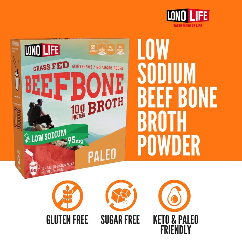 LonoLife Low Sodium Beef Bone Broth Powder Mix | Grass-Fed,