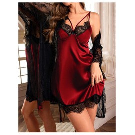 SweatyRocks Women's 2 Piece Satin Robes Set Sexy Cami Nightdress Floral Lace Sheer Nightwear Burgundy Large