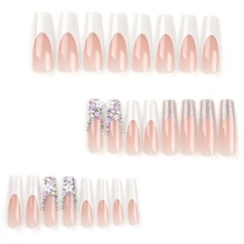 BAOYAALIN Long Press on Nails Coffin BAOYAALIN, White Fake Nails with 3D Flowers Rhinestones Design Gel Glue on Nails for Women Girls Full Cover Acrylic Artificial False Stick on Nail for Wedding