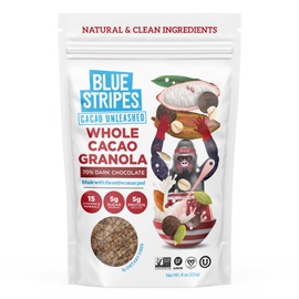 Blue Stripes Whole Cacao Granola - Gluten Free 70% Dark Chocolate Granola for Cereal, Oatmeal, Yogurt, 5g Protein Per Serving, Source of Fiber, Vegan, Low Sugar - Dark Chocolate, 8 oz Bag
