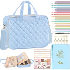PUGPIU Bible Cover Case for Women, Large Quilted Bible Bag with Shoulder Strap and Handle, Bible Study Supplies Journaling Kit with Highlighters Pens No Bleed Tabs Notebook Cross Clips (Light Blue)