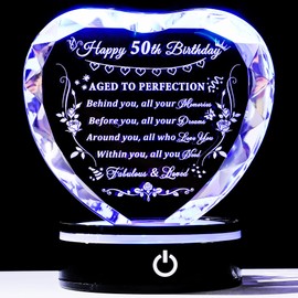 YWHL 50th Birthday Gifts for Women Men Born in 1973, Laser Crystal Heart with Colorful Light Base Happy 50th Birthday Decorations, Birthday Gifts for 50 Year Old Women Men Mom Sister Wife Friends