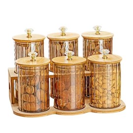 Airtight Glass Food Storage Containers with Wooden Lids -Piece Set with Bamboo Countertop Shelf - Sealed Kitchen Canisters for Coffee, Tea, Sugar, Flour, Spices, and PantryOrganization (6, Straight)