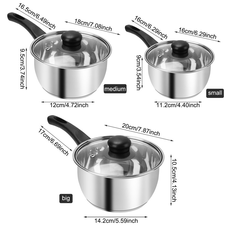 Stainless Steel Pot Set with Lid 6pcs,Sauce Pans 1QT &