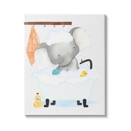 Stupell Industries Children's Baby Elephant Bubble Bath Rubber Duck Bathroom Wall Art, Gallery Wrapped Canvas, White