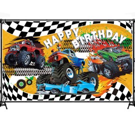 6X3.6FT Monster Truck Birthday Party Backdrop,Truck Themed Birthday Party Supplies,Boys Kids Happy Birthday Background Photography Party Decorations (zhuti-08)