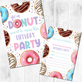 Donut Invites & Envelopes (WRITE ON) Birthday Party Invitations (Pack of 20)