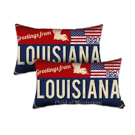 Louisiana Throw Pillow Cover 12x20 Set of 2, Louisiana Decor Gift Souvenir, American Flag License Plate Lumbar Pillowcase, Greetings from Child of Mississippi(LA, USA) - Cushion Case Sham, No Inserts