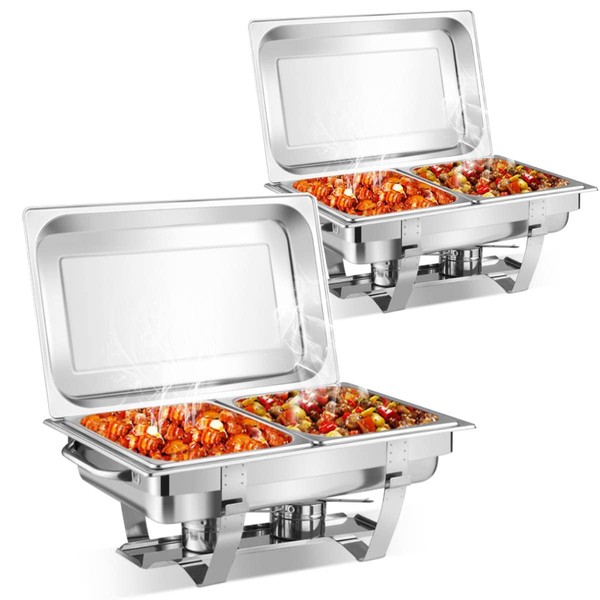 COSTWAY 2 Pack 9L Chafing Dish, Stainless Steel Food Warmers Set with 4 Half Size Pans and Fuel Holders, Rectangular Caterings Parties Buffet Server Warming Tray (Silver)