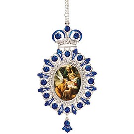 Nativity of Christ Russian Icon Pendant Christmas Decoration Ornament with Crown Blue Faux Crystals 5 1/2 inch