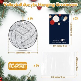 Roowest 24 Set Volleyball Christmas Ornaments Volleyball Gifts Bulk for Christmas Tree Glitter Acrylic Player Ornament with Cards Hanging Decoration for Xmas Coach Team Girl