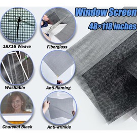 King&Charles Window Screen Door Repair/Replacement Kit, Include Black Screen Mesh 48"x118"+ 2 Roller+50Ft Spline+8Clips+Hook, 6 in 1 Window Mesh Kit, Steel/Nylon Bearing Roller