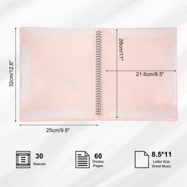 MECCANIXITY Sheet Music Folder Display 30 Sleeves 60 Pages Spiral Binder Organizer, Letter Size 8.5 x 11 Paper A4 Documents Storage Holder Bag (Pink)