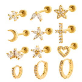 Toppiercing 12pcs gold stud cartilage earring hoops Women Men Stainless Steel Stud Earrings