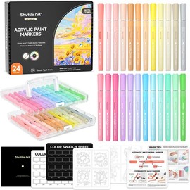 Shuttle Art Automatic Ink Control Acrylic Paint Markers, 24/36/60 Colors Brush Tip Acrylic Paint Pens for Rock Painting, Ceramic, Wood, Canvas, Glass, Stone, Fabric, Card Making, DIY & Art Supplies modelpaintingmarkers,Pastel,Metallic,Storage Box:_24 Pastel Colors