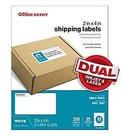 Office Depot White Inkjet/Laser Shipping Labels, 2in. x 4in, Pack of 250, 505-O004-0007
