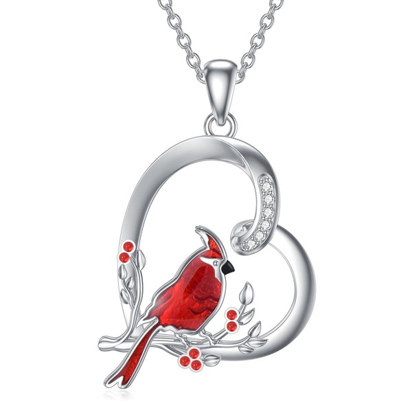 LWXIE Red Cardinal Necklace with Diamond Cardinal Heart Pendant 925
