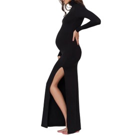BUMPSUIT Maternity Maxi Dress Thigh High Slit, Women Long Sleeve Soft Stretchable Fabric Turtleneck Bodycon Pregnancy Dress with Back Zipper for Baby Shower Black