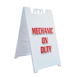 A-Frame Sidewalk Mechanic On Duty 24" x 36" Double Sided A-Frame Sidewalk Sign, Includes 2 Installed Vinyl Decals | Foldable Portable White Signicade Sandwich Board Signs