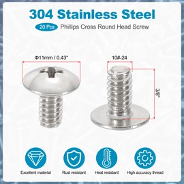 PATIKIL 10#-24x3/8 Truss Head Screws, 20Pcs Phillips Head Wood Sheet Metal Screws UNC 304 Stainless Steel Screw Fasteners for Household Appliances, Furniture, Ceiling Fan Blade