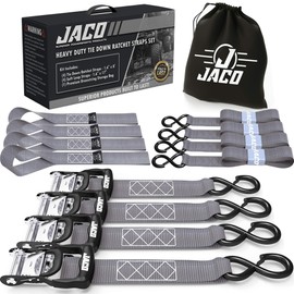 JACO Heavy Duty Ratchet Straps - 1.6 inch x 8 ft (Pack of 4) | Tie Down Kit with Soft Loops - 5,208 lbs (Grey)