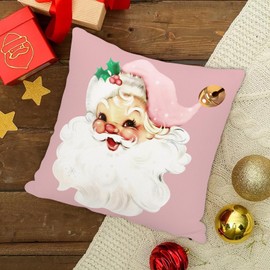 SPXUBZ Pink Christmas Santa Claus Throw Pillow Cover Christmas Cute Cotton Pillowcase Winter Festival Home Decor Nice Gift Indoor Cushion Cover Pillowcase Size 18x18 Inch (Two Sides Print)
