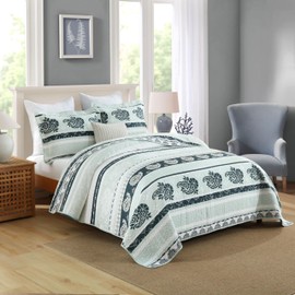 AJOCCI Quilts Queen Size - Green Cotton Queen Bedspread, Sage Green Bohemia Bedding Queen Size,Farmhouse Paisley Striped Comforter (90 * 98 Inches),3 Piece