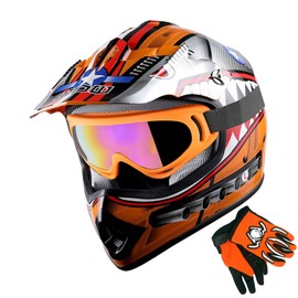 1Storm Youth Motocross Helmet Kids Motorcycle Bike Helmet Shark Orange + Goggles + MG Youth Orange Glove Bundle