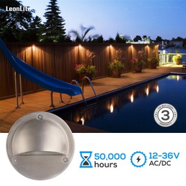 LEONLITE LED Low Voltage Deck Lights, 170LM 4.09inch Landscape Step Railing Fence Light, 12-36V AC/DC, Die-cast Aluminum Housing & Frosted Glass Lens, UL Listed Cord, Satin Nickel, 3000K, 6 Pack