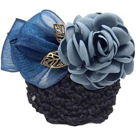 Women Hair Bun Cover Net Hairnet Bowknot Decor Barrette Hair Clip Bow Ribbon Flower Hair Accessories For Stewardess Hotels Restaurant Staff (Blue flowers, One size)
