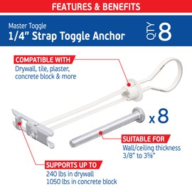 1/4" Heavy Duty Master Toggle-Bolt Strap Anchors (8 Pack) w/ 8 Steel Threaded Studs, 3/8" to 3-5/8" Grip Range, for 1/4"-20 Fastener Size - 240lb in 3/8-1/2" & 300lb in 5/8" Drywall Holding Strength