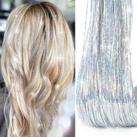 Silver Hair Tinsel Kit with Tools 47 Inch 1100 Strands Tinsel Hair Extensions Fairy Hair Tinsel Kit Heat Resistant, Sparkling Shinny Glitter Tensile Hair Extensions for Women Girls Hair Accessories (Silver)