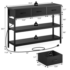 Lulive 2 Pack Entryway Table with Power Outlets, Console Table with 3 Fabric Drawers, Sofa Table for Living Room, Hallway, Couch, Foyer, Height Adjustable