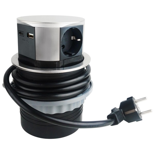 ChiliTec Versenkbare Einbausteckdose 3X Steckdose USB-A USB-C Edelstahl Front Mehrfachsteckdose