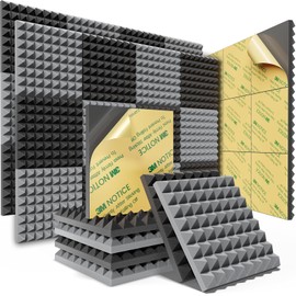 Sonicism 48 Pack Pyramid Sound Proof Foam Panels with Self-Adhesive, 12" X 12" X 1" Acoustic Panels of High Density, Soundproof Wall Panels Fast Expand, Sound Absorption and Decoration Black/Gray