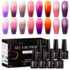 MEET ACROSS Color Changing Gel Nail Polish Set of 8 Temperature Changing Colors Including Red Pink Purple Orange Mood Changing Gel Manicure Kit for Nail Art Home DIY